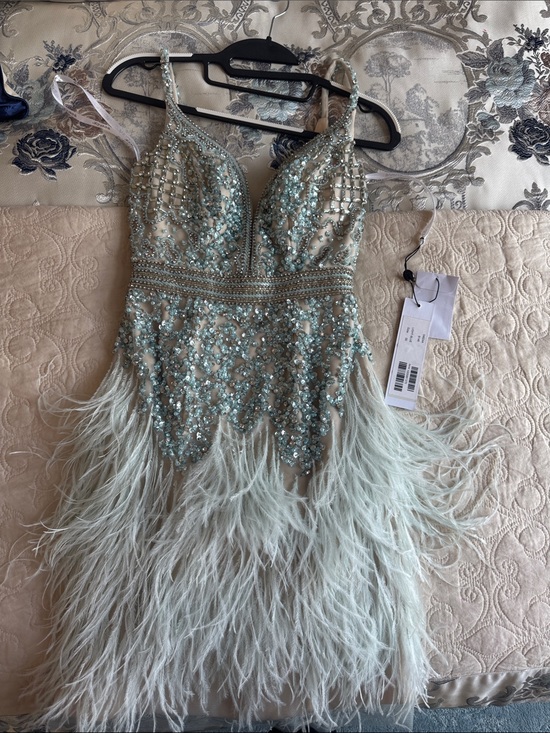 Jovani Dresses & Skirts - Jovani Embellished Feather Cocktail Dress in Light Aqua